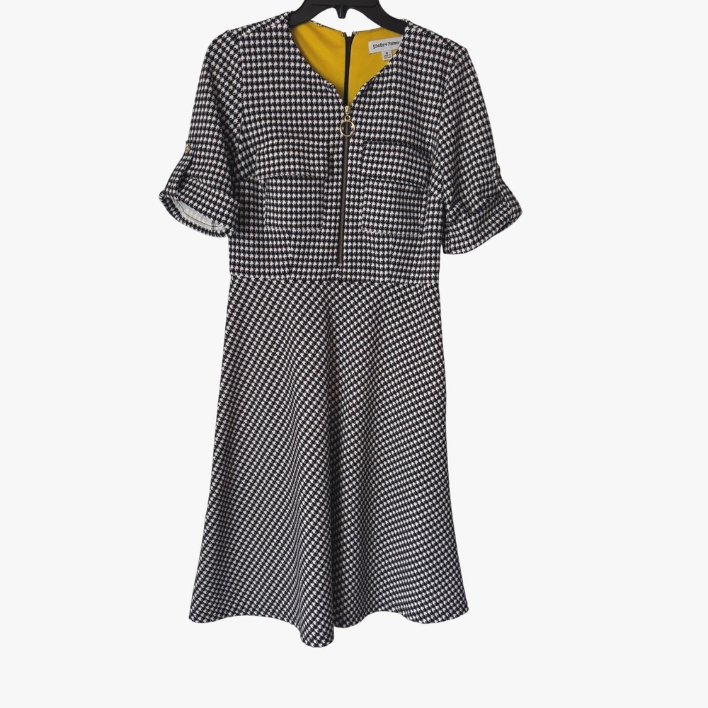 Shelby & Palmer Houndstooth A-Line Dress Women 6 Black White Zip Front Pocket